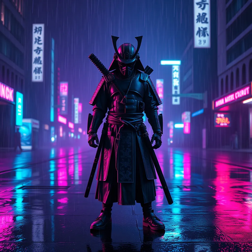 Cyberpunk AI Art - Cyberpunk samurai standing in neon-lit rain, blade runner aesthetic Cyberpunk style AI generated image: Cyberpunk samurai standing in neon-lit rain, blade runner aesthetic