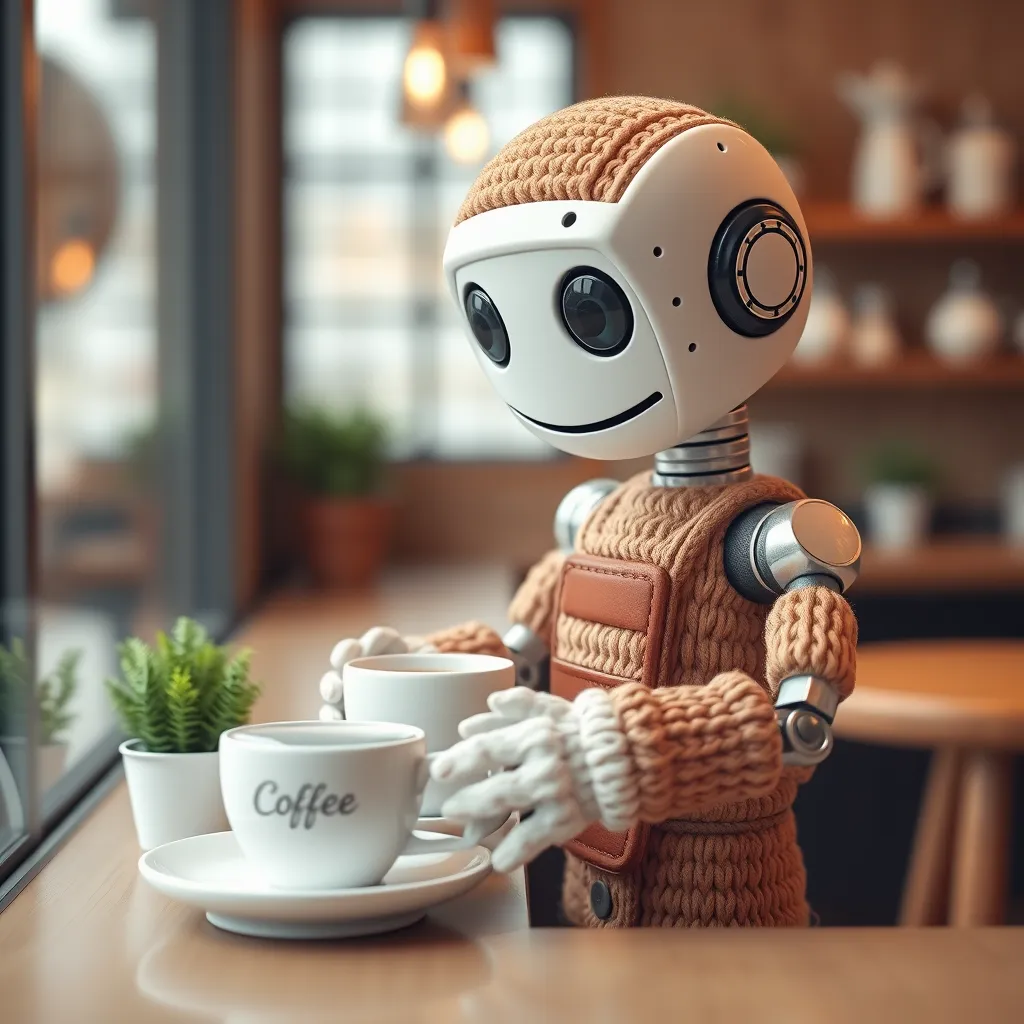 Nano Banana AI Art - Cute robot serving coffee in a cozy cafe, nano banana style Nano Banana style AI generated image: Cute robot serving coffee in a cozy cafe, nano banana style