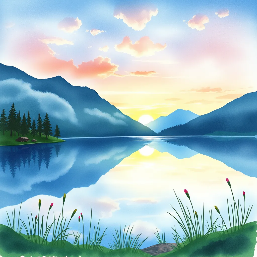 Watercolor AI Art - Watercolor painting of a peaceful mountain lake at sunrise Watercolor style AI generated image: Watercolor painting of a peaceful mountain lake at sunrise